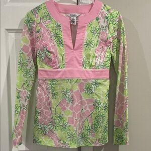 Lilly Pulitzer Vibrant Pink and Green Floral Blouse